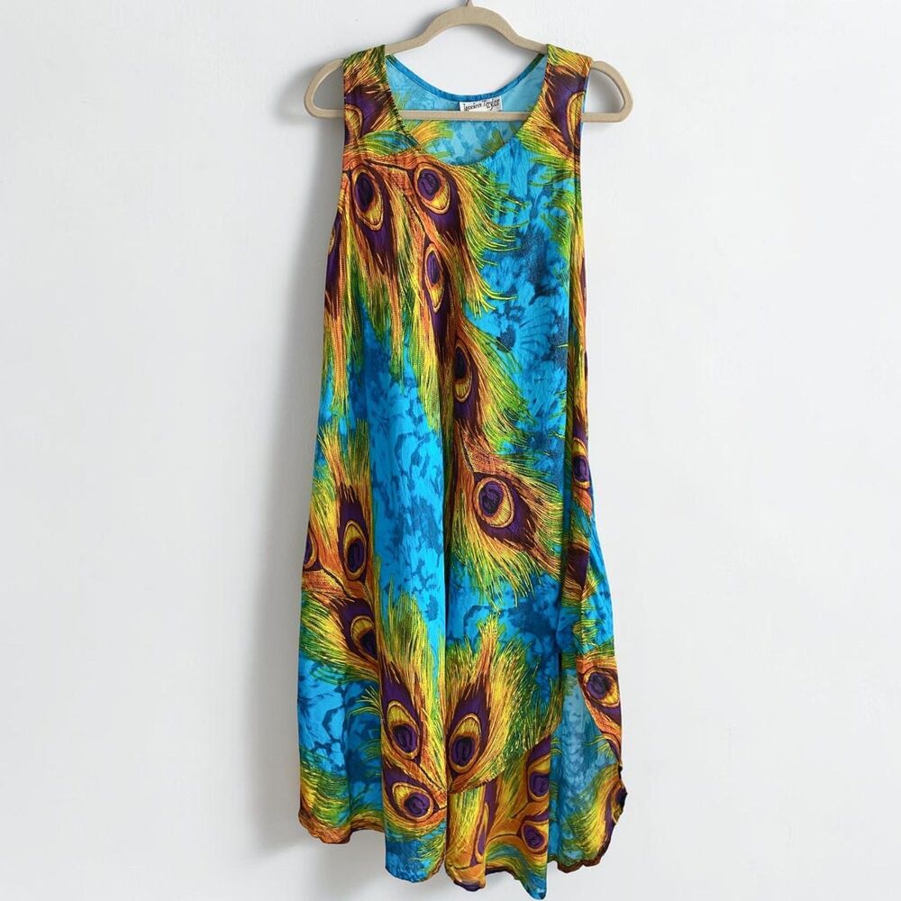 Jessica Taylor Peacock Feather Dress Rayon Blue Tie Dye High Low One Size Boho